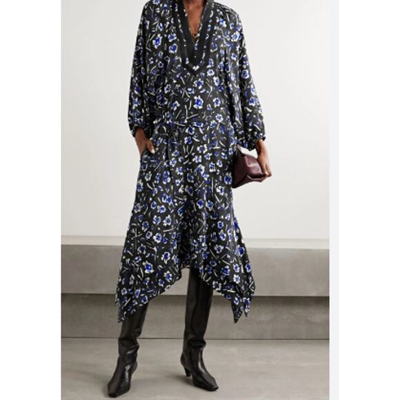 TORY BURCH Asymmetric Grosgrain-trimmed Floral-print Crepe Midi Dress